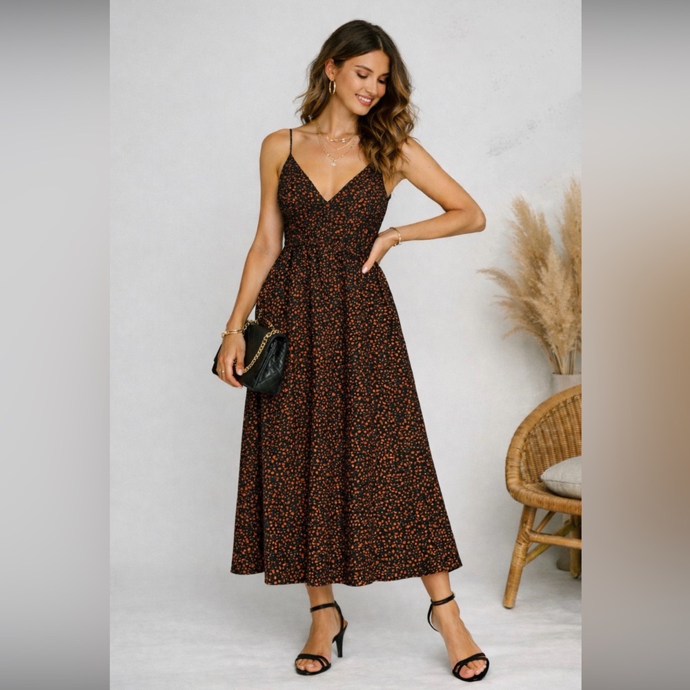 Club Monaco Scoop Back Shirred Dress, Dark Floral, Straps, Maxi, Tie-back, US 4
